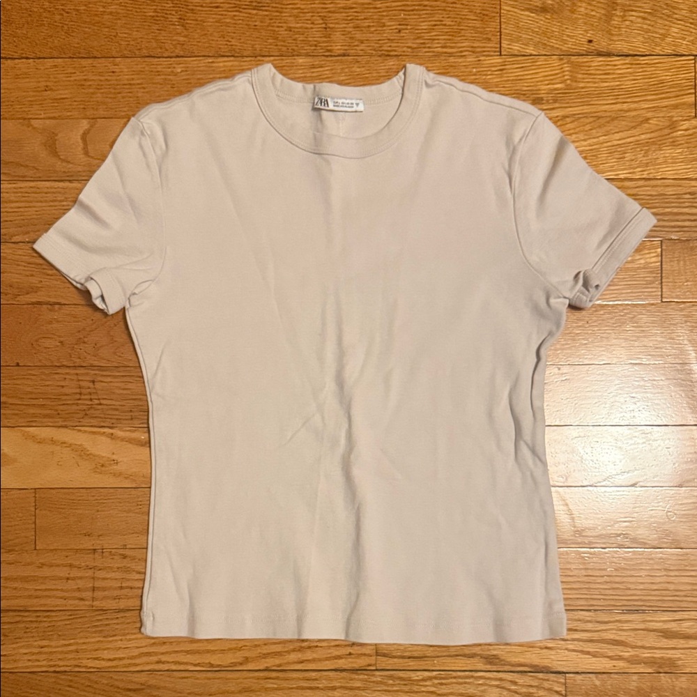 Zara Short Sleeve Crewneck Top in Light Taupe